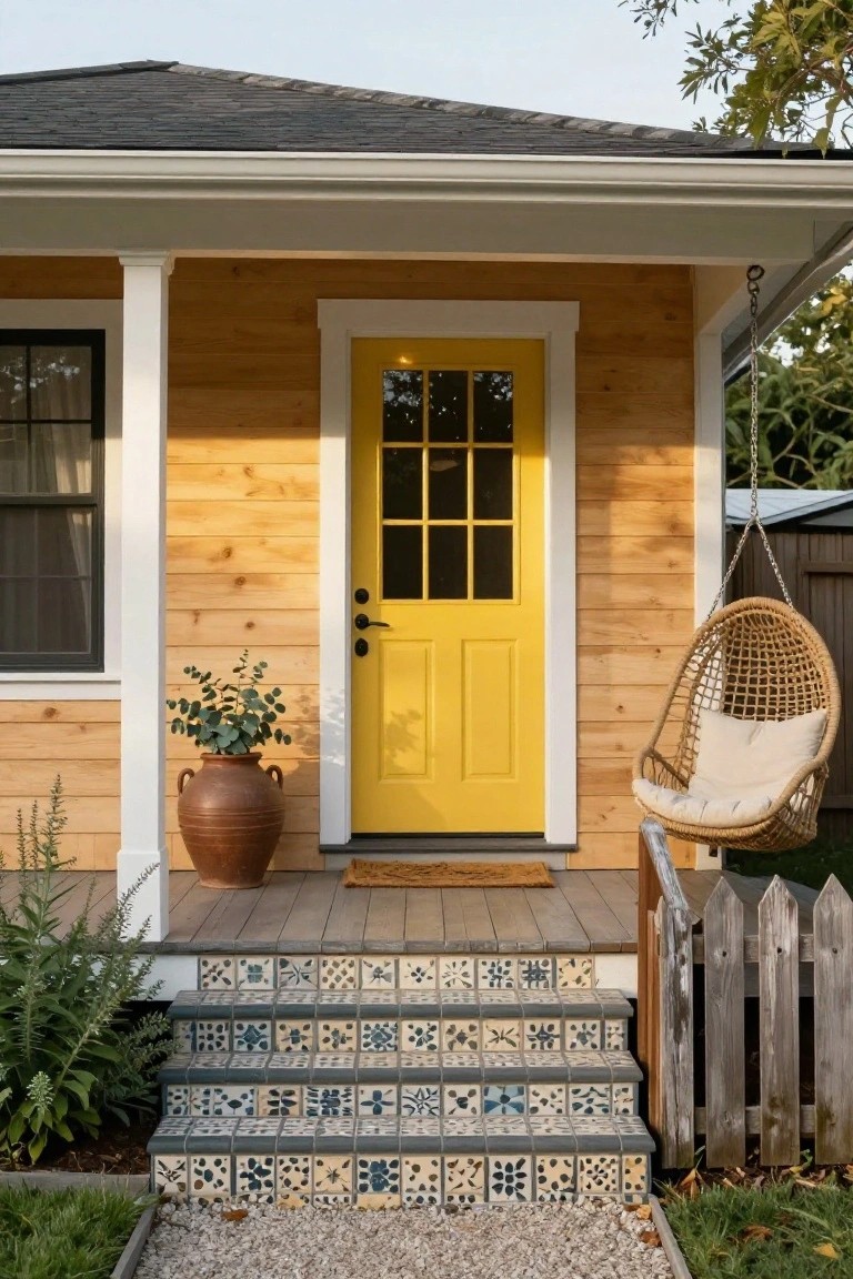 Front view of a house with yellow nine-pane door, horizontal cedar siding, white trim and columns on porch, terracotta pot of eucalyptus, woven hanging swing with cushion, doormat, blue and white patterned tile steps, and gravel path.