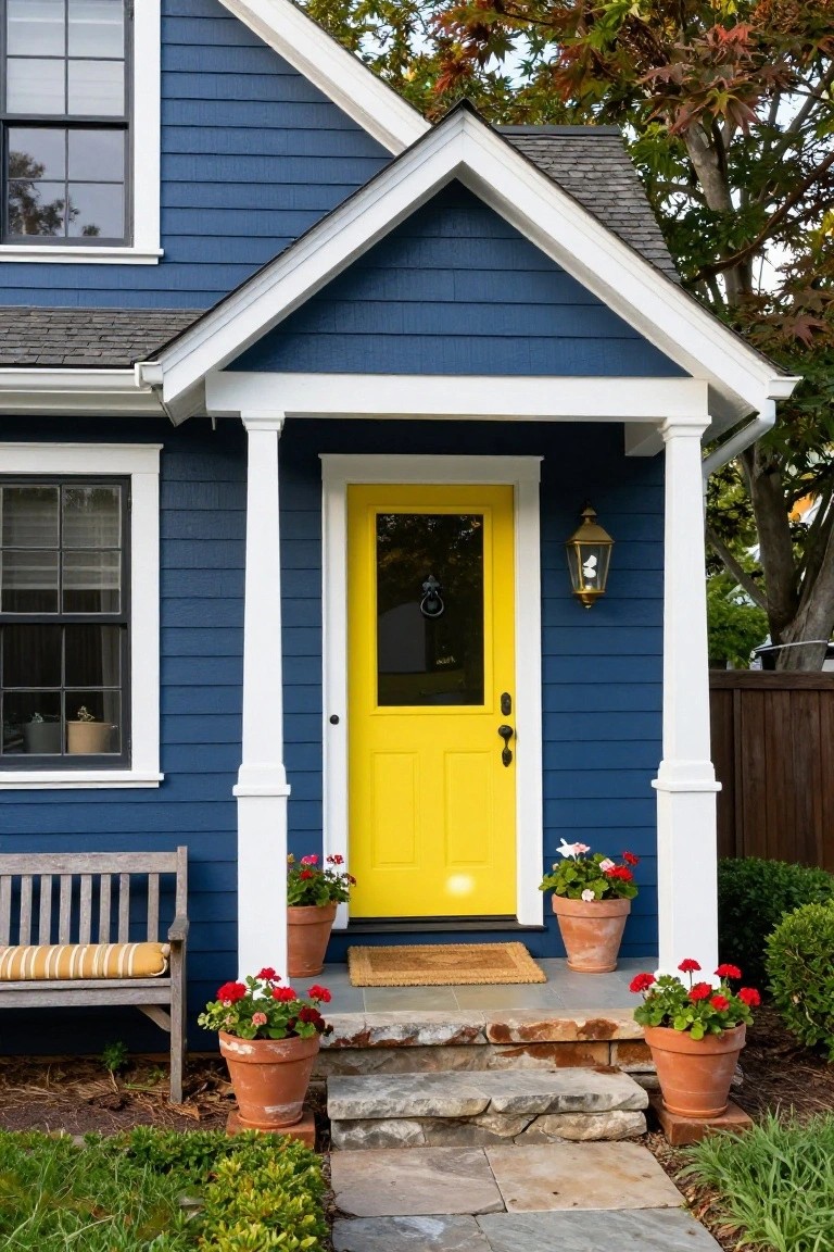 Navy blue clapboard house with white trim, yellow front door with glass panel, white porch columns, wooden bench, potted red geraniums, stone steps, and landscaping in front yard.