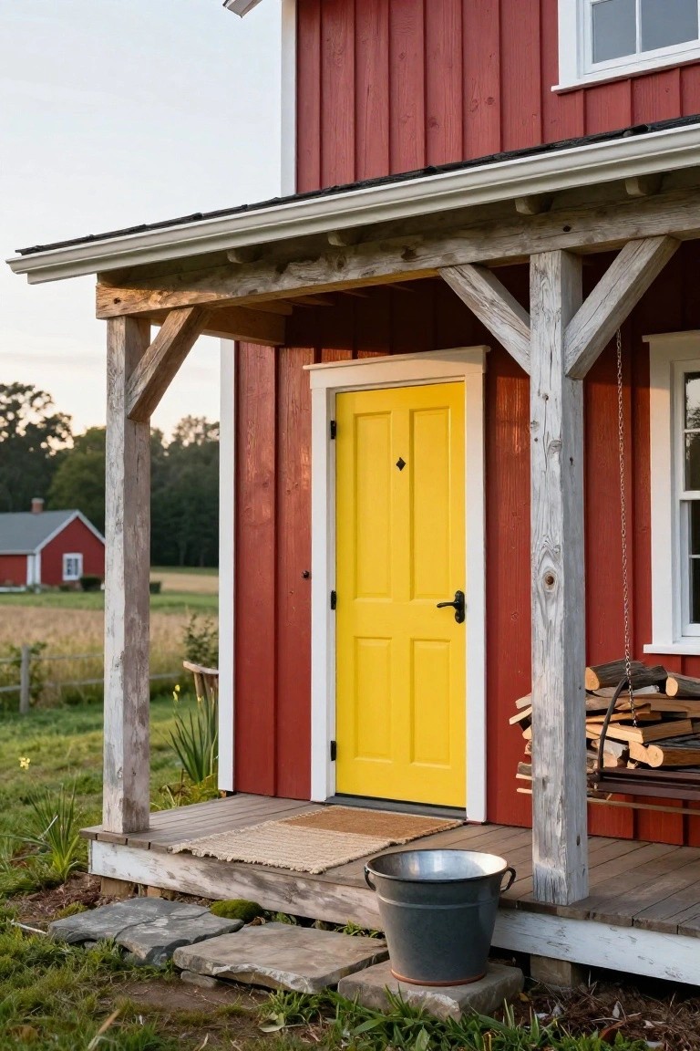 Close-up of a red vertical board-and-batten house exterior with a yellow paneled front door, white trim, wooden porch posts, stacked firewood, and a gray metal bucket on stone steps in a rural yard.