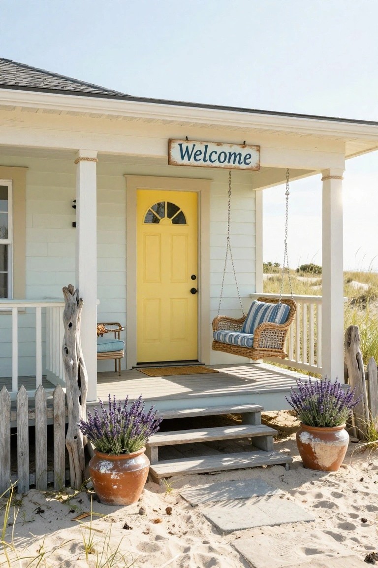 Beach cottage exterior with pale green siding, yellow front door featuring an arched window, white porch columns, hanging swing, potted lavender plants, and sandy dunes in the background.