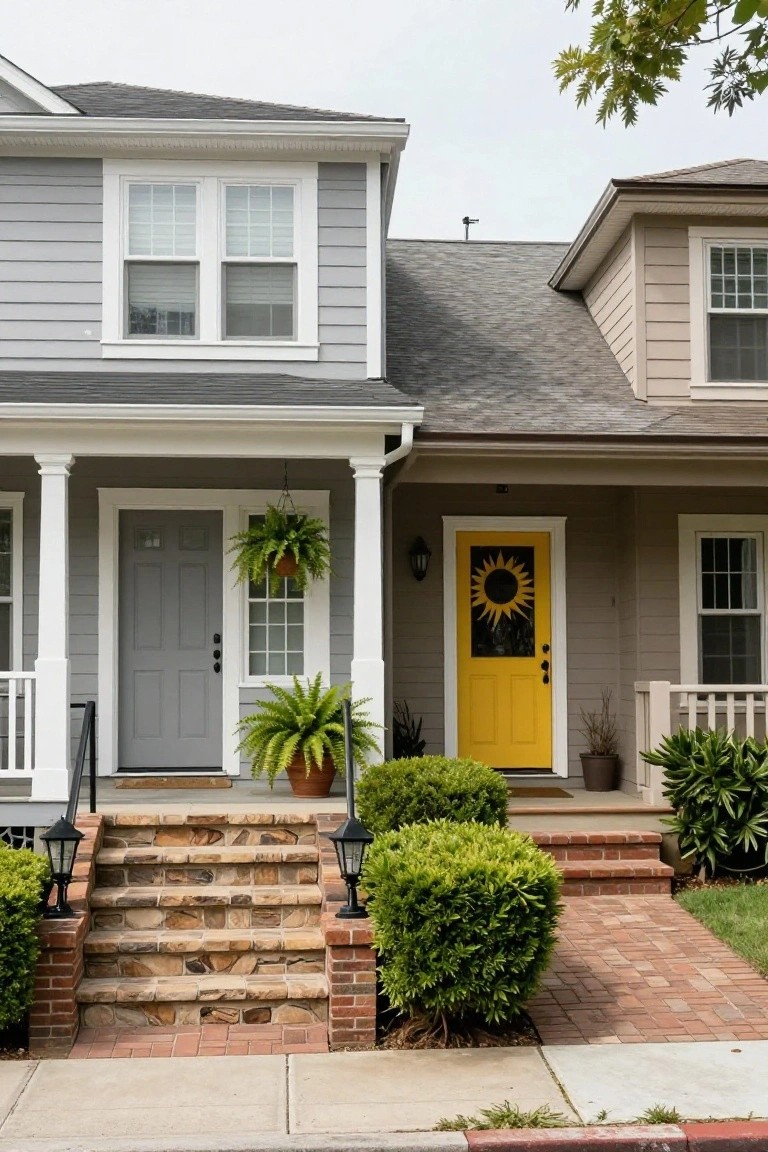 Two adjacent houses on a street; left house is light gray with gray front door, white porch columns, hanging plants, and stone steps flanked by lanterns; right house is beige siding with yellow front door featuring black sunflower design, potted plants, boxwoods, brick steps, and lanterns.