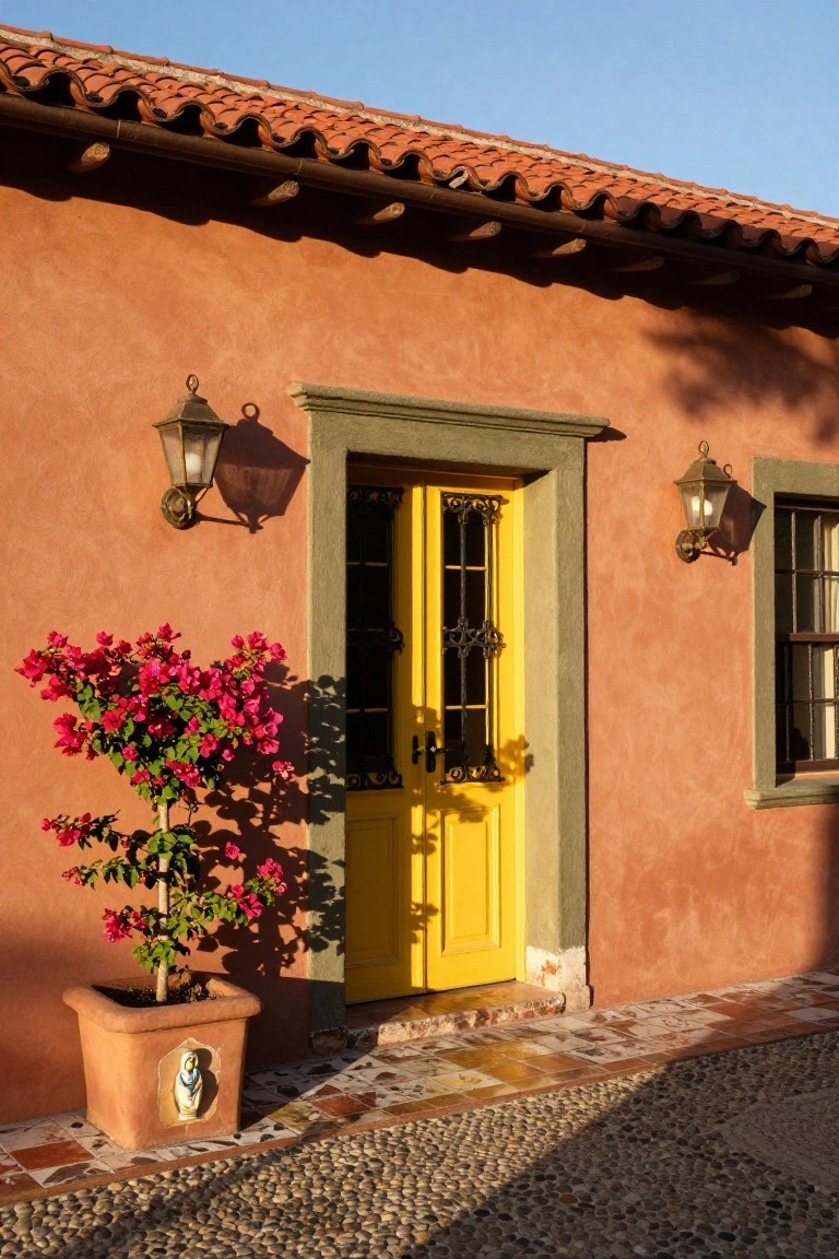 Close-up view of a terracotta adobe house exterior featuring a bright yellow double door with wrought iron grilles, flanked by wall lanterns, a potted bougainvillea plant, and a pebble stone pathway.