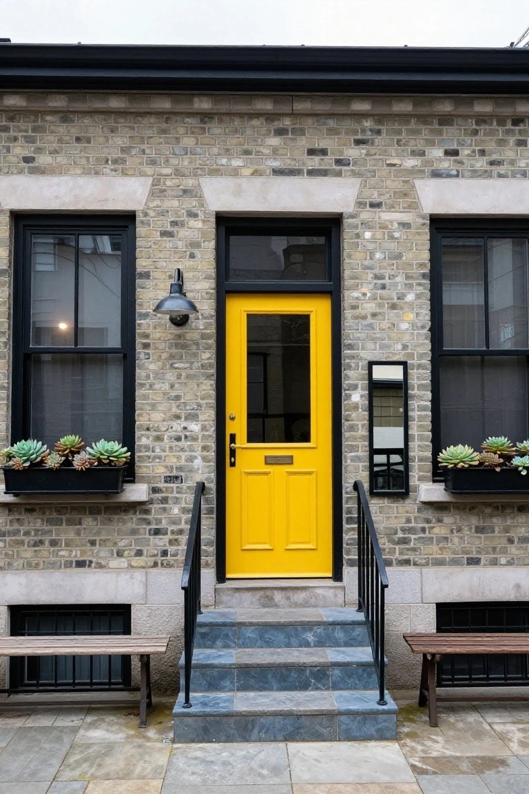 Beige brick townhouse facade with yellow glass-paneled front door, black window frames, potted succulents on windowsills, blue stone steps, black metal railing, and wooden benches flanking the entry.