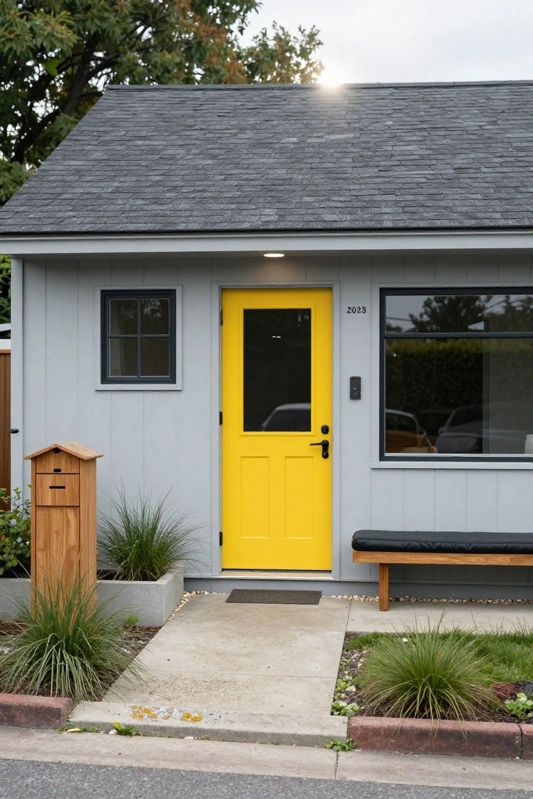 Yellow Door on Gray Siding