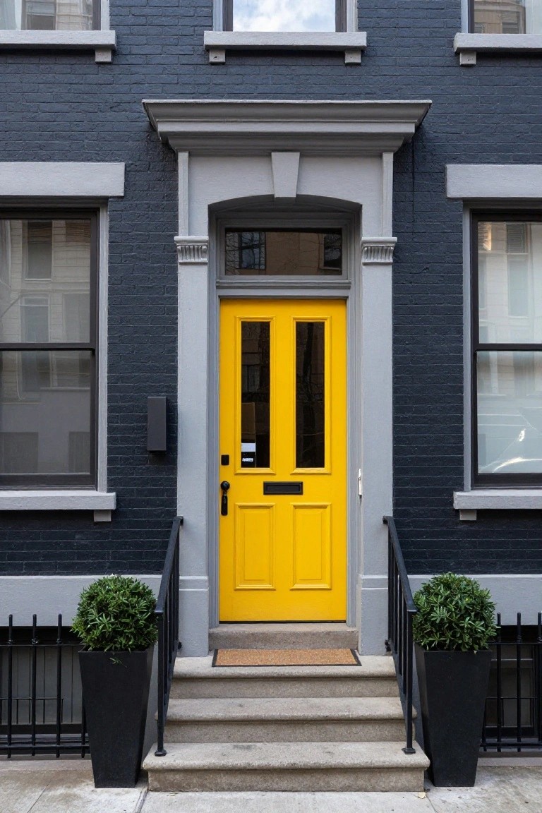 Dark navy brick townhouse exterior with a yellow double front door, gray trim, black metal railing, and black planters with boxwood shrubs flanking concrete entry steps.
