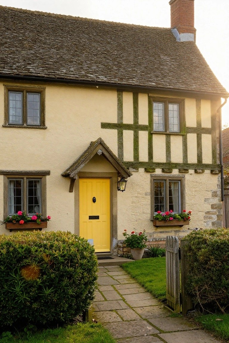 Timber-framed cottage with pale walls, yellow front door, flower boxes in windows, boxwood shrubs, and stone path to entry.