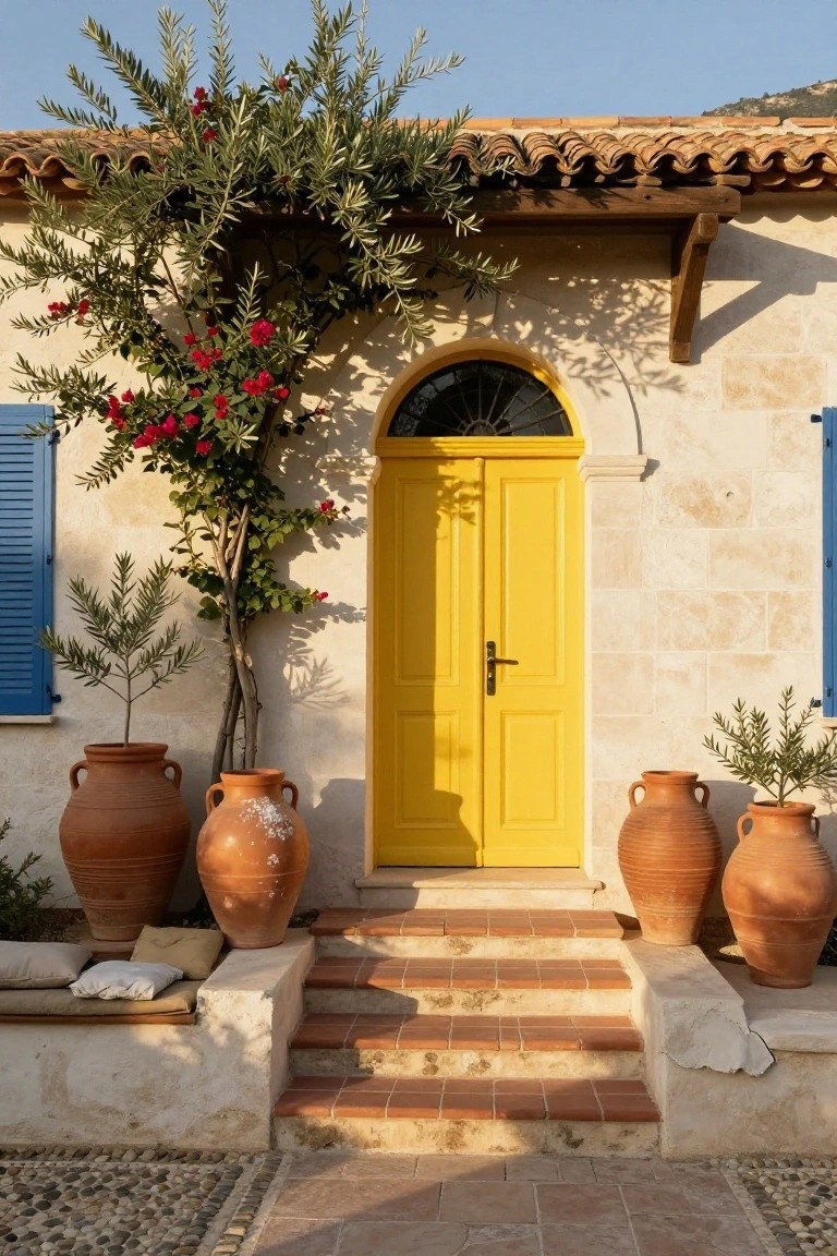 Beige stone house exterior with arched yellow double door, blue shutters on either side, terracotta pots holding olive trees, red bougainvillea climbing nearby, and short steps leading to the entry.