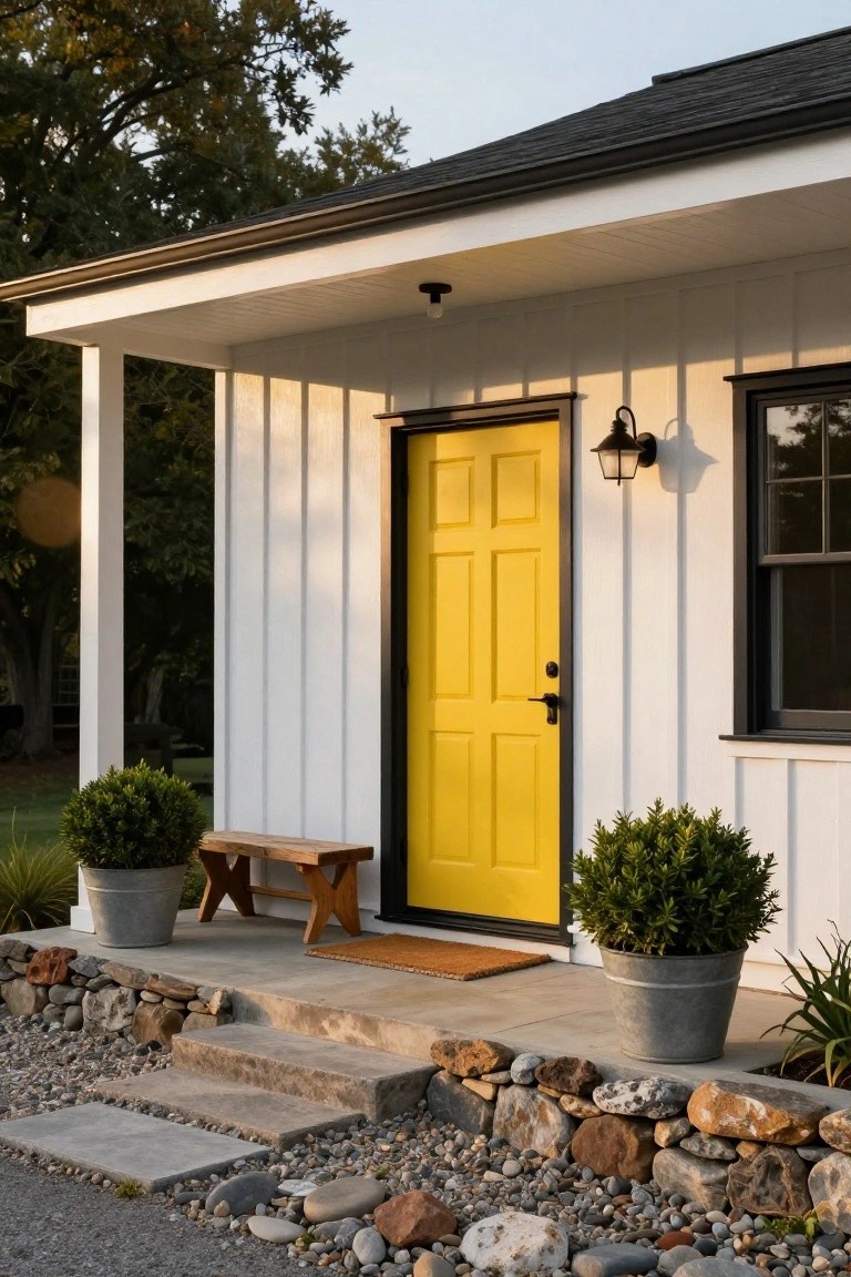 White board-and-batten house exterior featuring a yellow six-panel front door with black trim, black-framed window, porch lantern light, wooden bench, potted shrubs in metal containers, stone steps, and gravel landscaping.