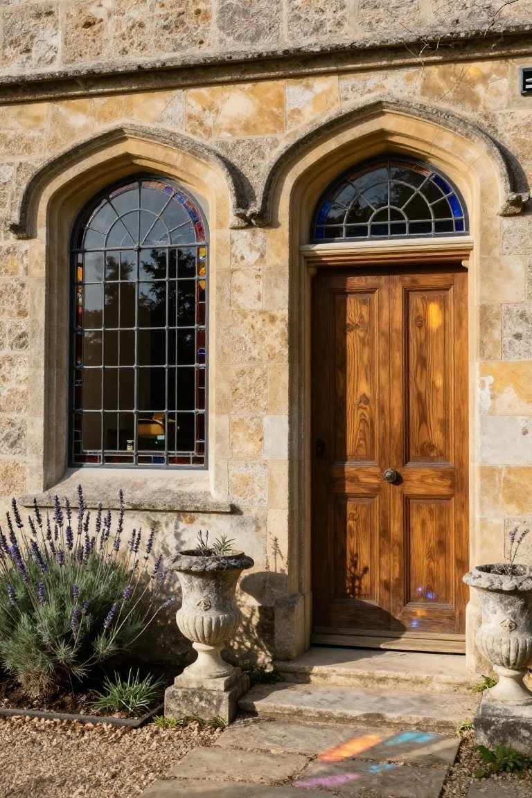 Stone house facade with two tall arched stained glass windows on either side of a wooden entry door, lavender plants in stone urns nearby, gravel path, and colorful chalk drawings on the steps.