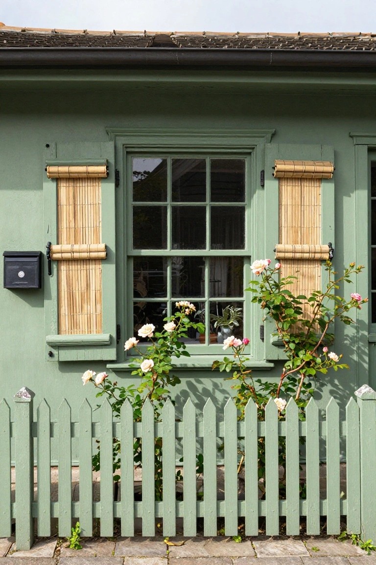 Green painted house wall with a multi-pane window flanked by rolled bamboo shades on wooden shutters, pink climbing roses, a black mailbox, and a matching green picket fence in front.