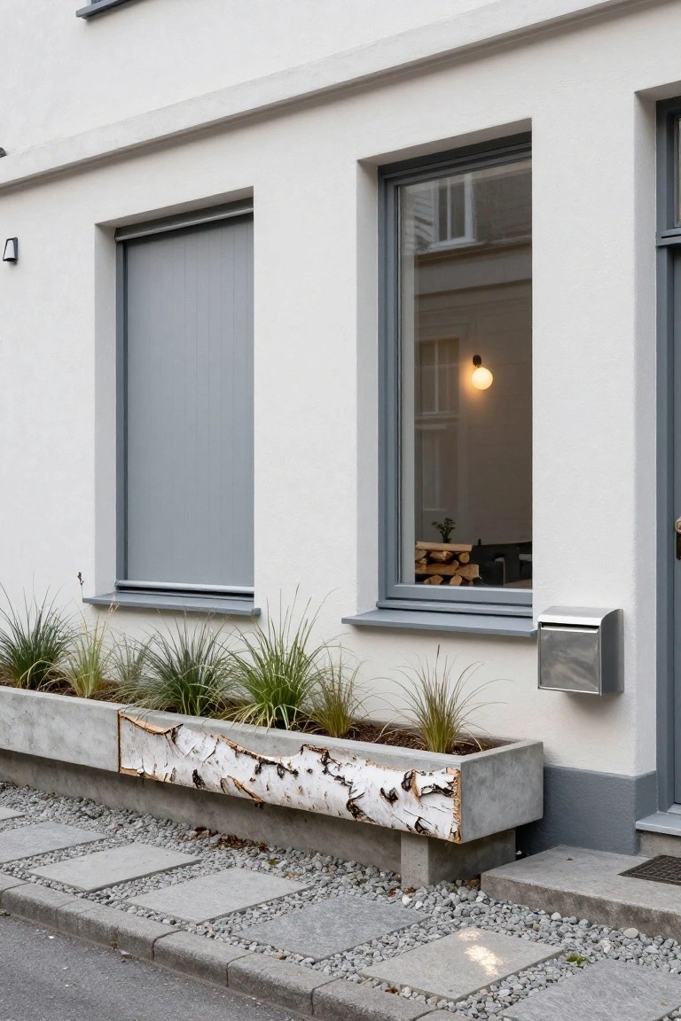 White stucco house exterior featuring a closed gray roller shutter on one window, an open window beside a gray front door with mailbox, a concrete planter box filled with grasses and birch bark pieces, and a stone paver pathway along the base.