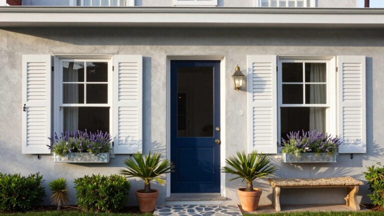 20 Exterior Window Privacy Ideas That Keep Interiors Stylish And Private Beige stucco house facade with open white louvered shutters flanking glass French doors, sheer white curtains and bed visible inside, potted lavender and palm plants on sides, lantern lights, seagrass doormat, and gray stone path leading to entry.