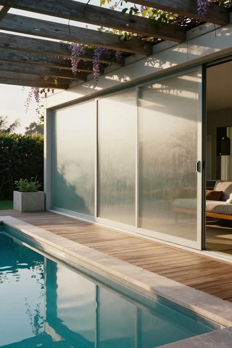 Wooden pergola with purple wisteria over a pool deck beside frosted glass sliding doors on a modern house exterior, with greenery and a potted plant nearby.