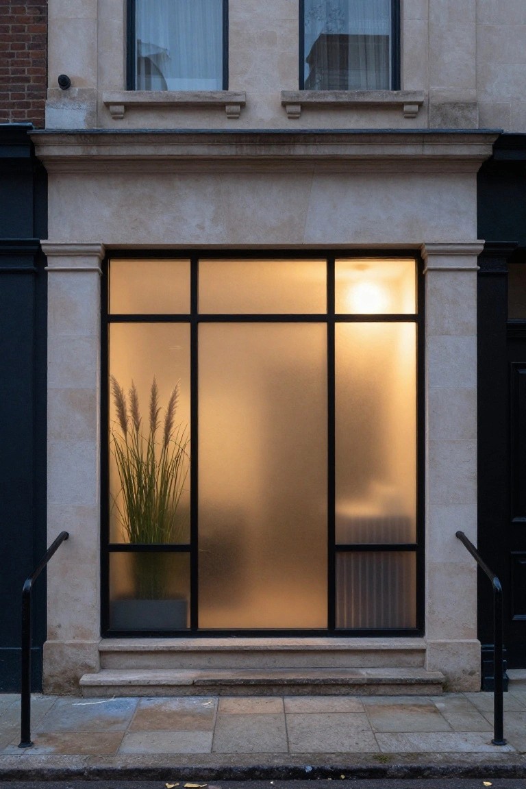Frosted glass storefront with potted plants, warm lighting, and modern black framing.