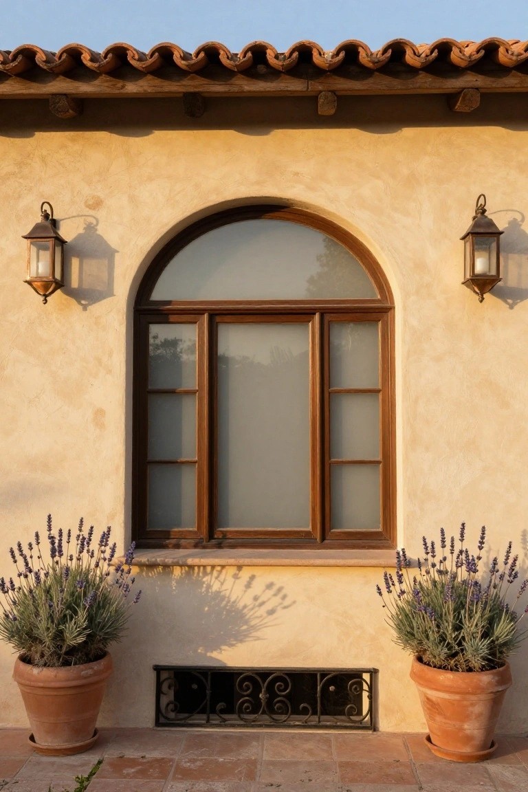 Beige stucco exterior wall of a house with a tall arched window featuring frosted glass in divided wooden frames, flanked by two large terracotta pots filled with lavender plants, bronze wall lanterns on each side, a decorative iron vent grille at the base, and a section of curved terracotta roof tiles above.