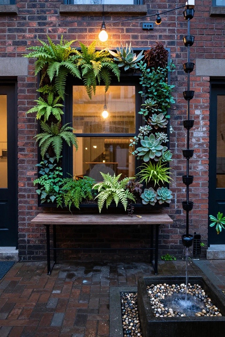A window framed with lush greenery, a wooden bench below, and a water feature nearby.
