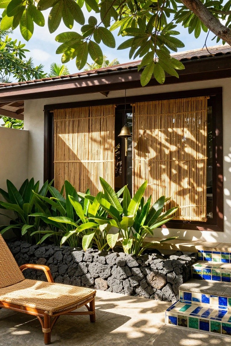 Exterior view of a stucco house wall with large windows covered by beige bamboo shades, flanked by green tropical plants in a lava rock bed, a rattan lounge chair nearby, and blue-green tiled steps leading up.