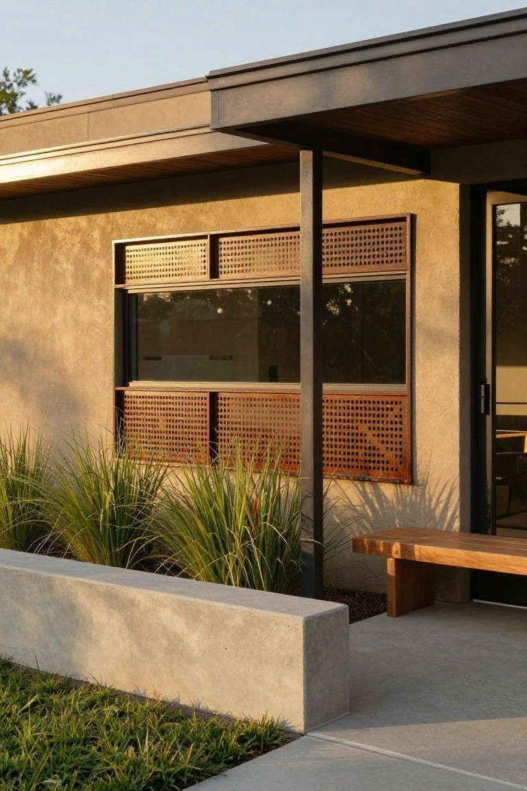 Modern house exterior featuring wooden shutters, concrete bench, and lush green plants.