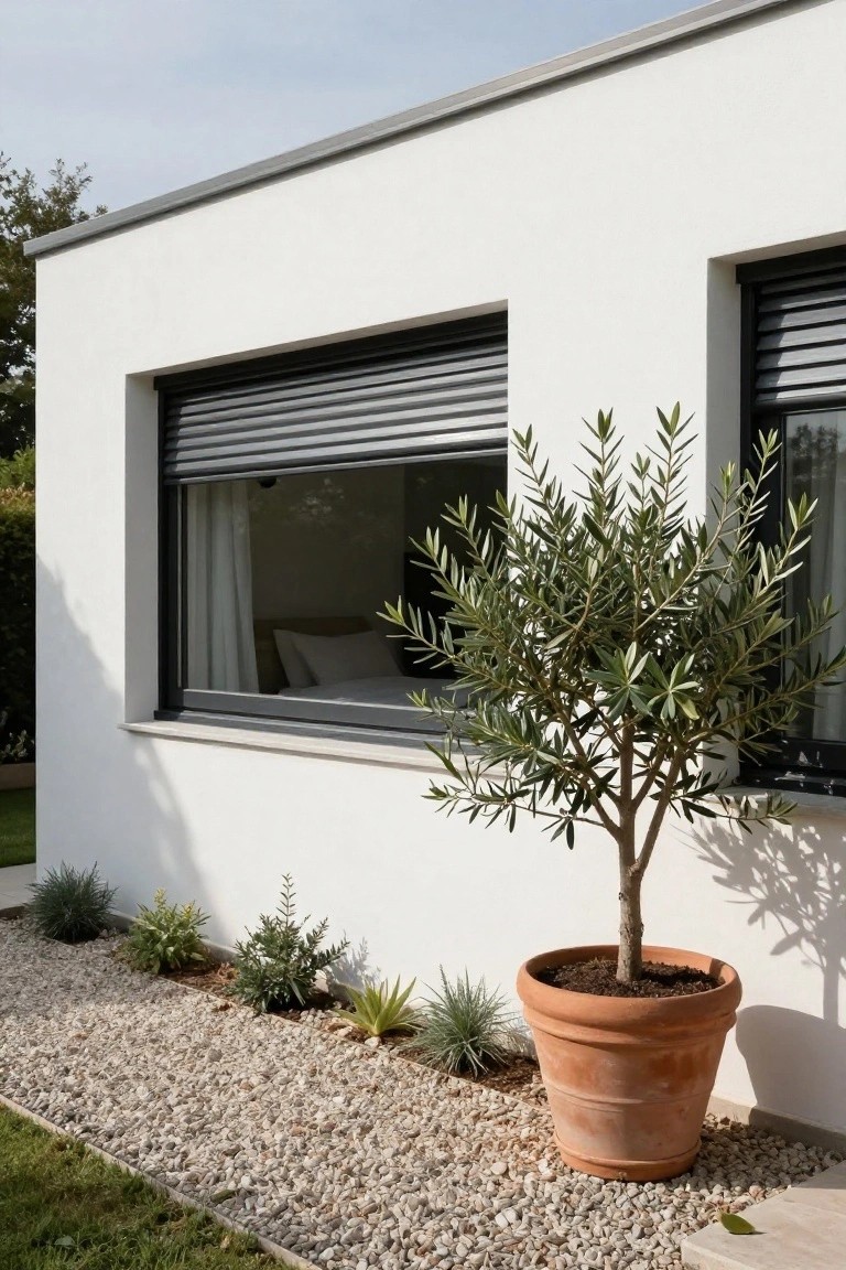 White stucco house exterior with black roller shutter partially lowered over a window showing sheer curtains and a bed inside, large olive tree in terracotta pot next to gravel garden bed with small plants.