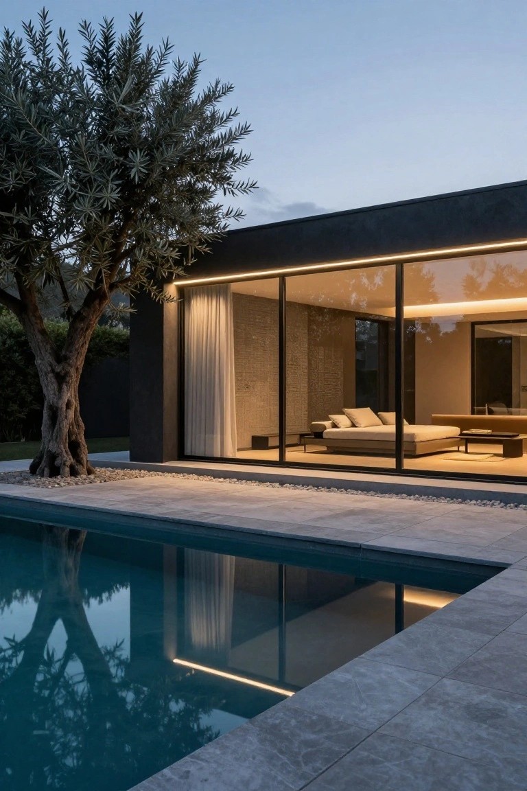 Black modern house exterior with floor-to-ceiling glass walls partially covered by sheer white curtains in a bedroom, viewed from an adjacent infinity-edge pool deck with an olive tree nearby at dusk.
