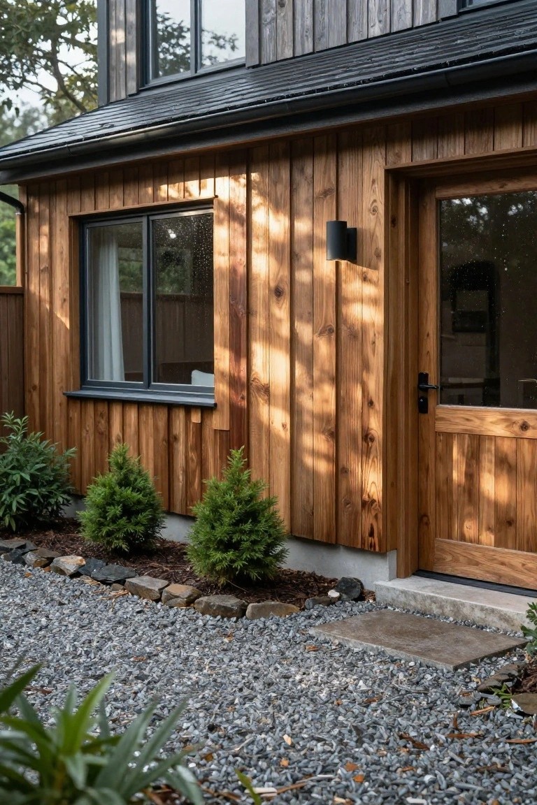 Side exterior view of a modern house with vertical wood cladding, black-framed window with sheer white curtains inside, glass entry door, black wall light, gravel ground cover, and small shrubs.