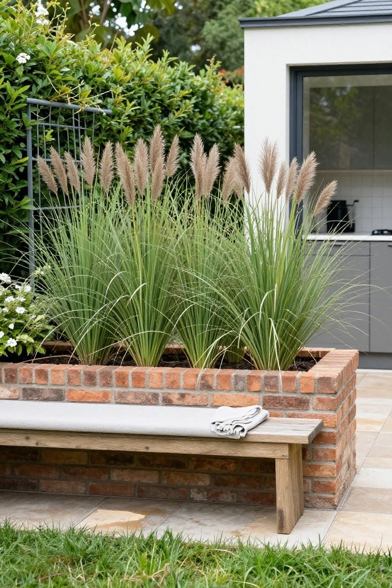 Raised brick planter box filled with tall pampas grasses next to a wooden bench on a brick platform, adjacent to a modern white building with large kitchen windows visible through glass, on a stone-paved patio with surrounding hedges and lawn.