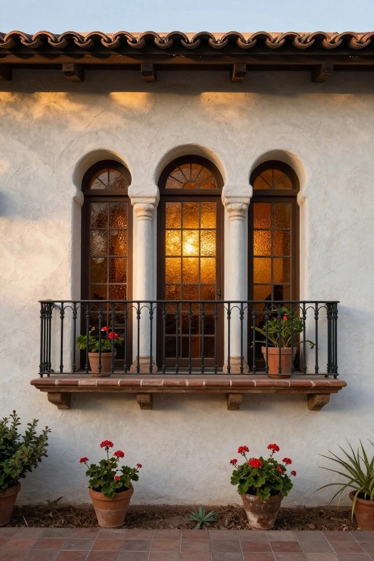 White stucco house exterior with three tall wooden-framed arched windows featuring textured glass glowing from interior light, a black wrought iron balcony shelf holding terracotta pots of geraniums, and additional potted plants on the ground next to a red tiled patio.