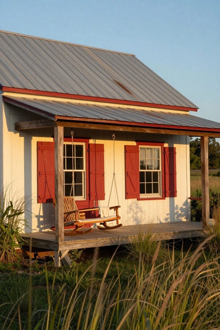 A small white clapboard house with red shutters on two front windows, a gray metal roof, covered porch with wooden swing, and tall grasses in the foreground at dusk.
