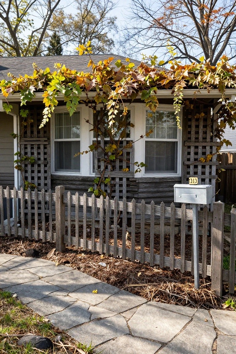 Quaint house with wooden fence, creeping vines, and stone pathway surrounded by autumn leaves.