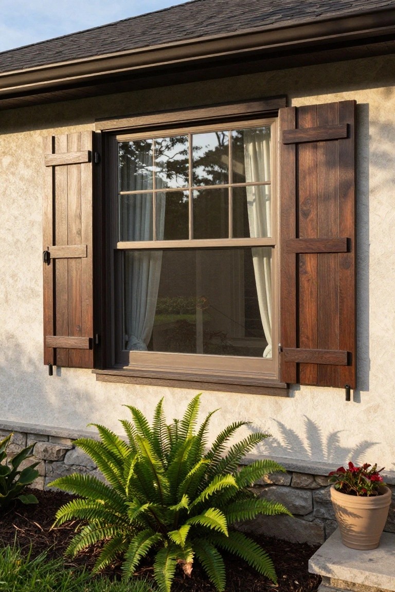 Beige stucco house wall with a double-hung window, open brown wooden shutters on each side, sheer curtains visible inside, fern plant and potted flower at the base near stone edging.