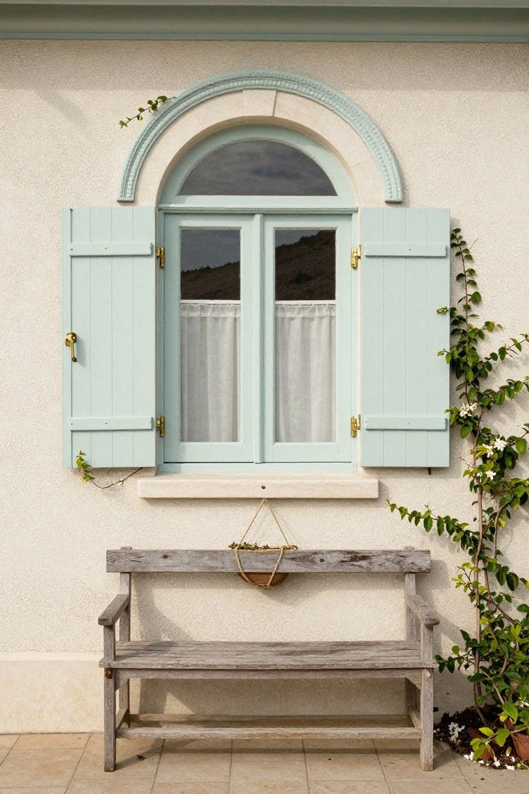 Arched window with open light blue-green louvered shutters on a beige stucco wall, ivy vines climbing nearby, weathered wooden bench below, and small potted plants at the base.