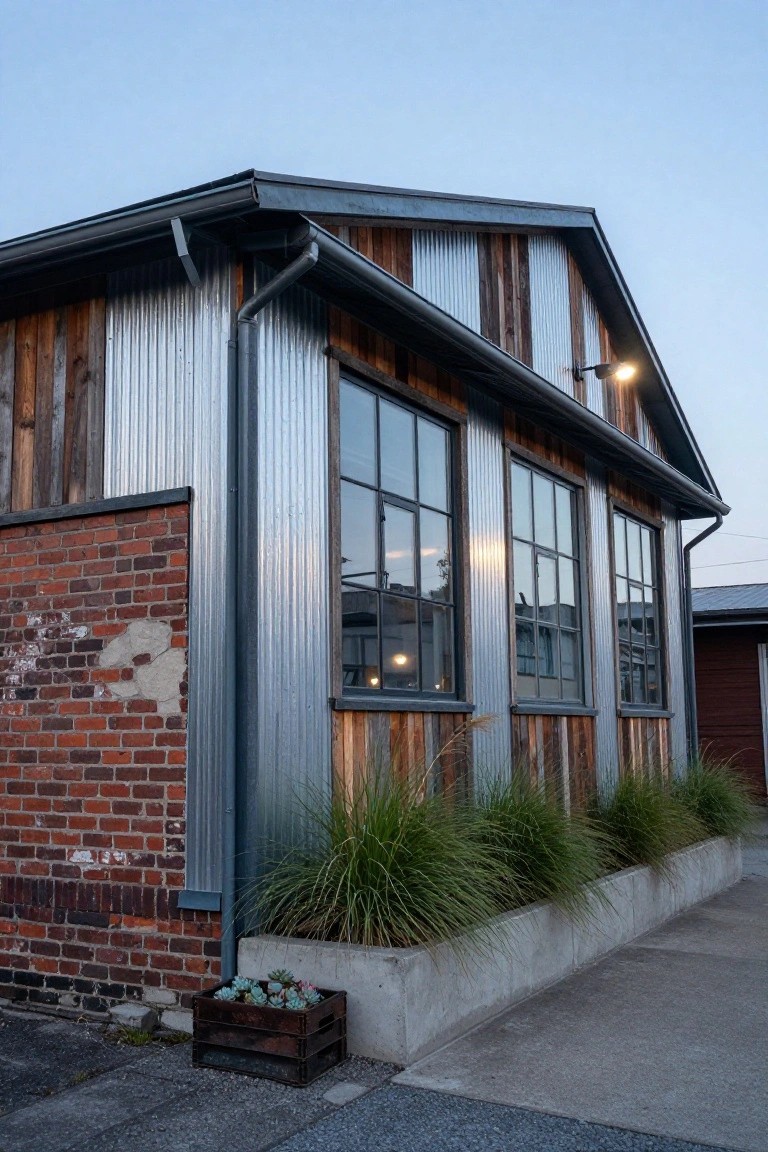 Corner view of a house exterior with large black-framed multi-pane windows in corrugated metal and wood siding, next to a brick wall, ornamental grasses in concrete planters, and a wooden crate of succulents on a concrete edge.