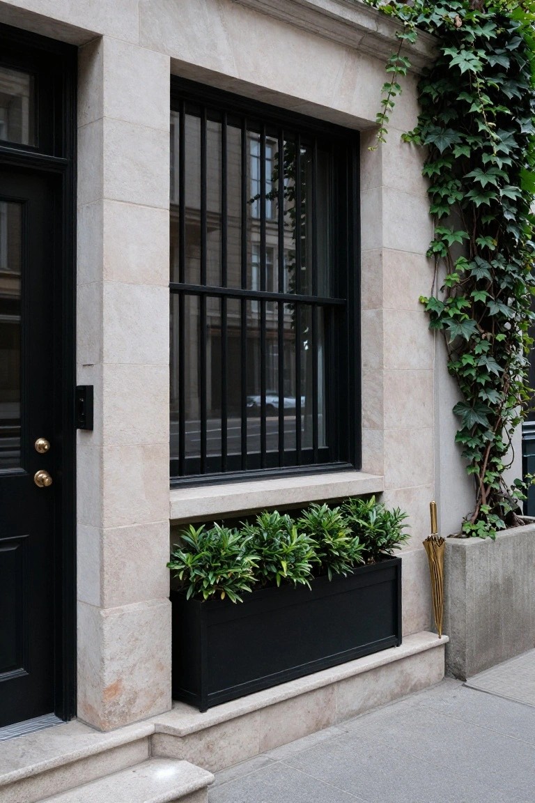 Beige stone townhouse facade with black front door, tall narrow window featuring black metal frames and wrought-iron bars, ivy climbing the wall, black window box planter below the window filled with green boxwood shrubs, gold umbrella stand, and concrete planter nearby.