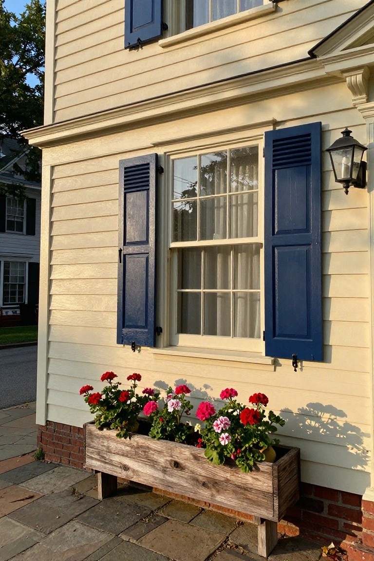 Pale yellow clapboard house exterior with navy blue louvered shutters framing a double window, wooden planter box with red geraniums below, lantern light mounted on wall, brick foundation and stone walkway.