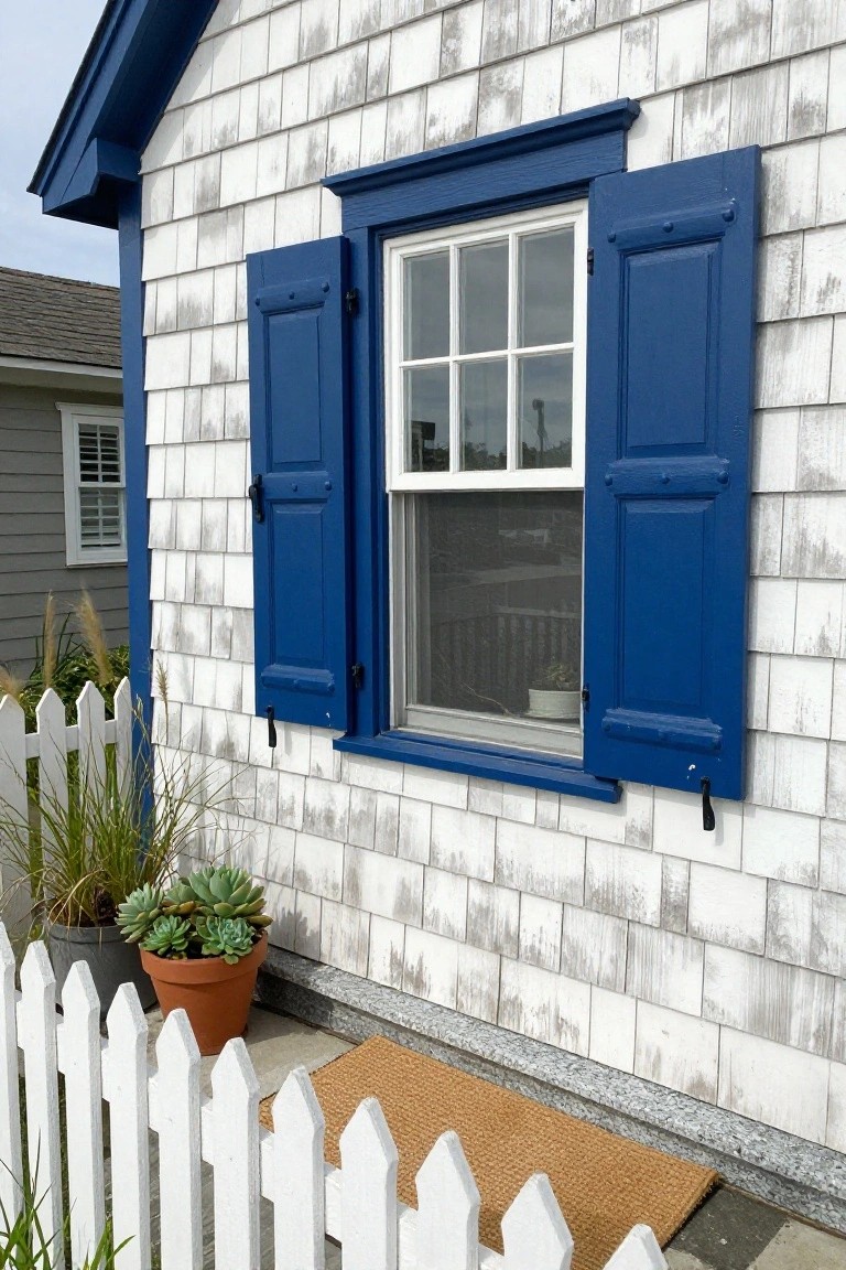Close-up view of a weathered white shingle house exterior with a six-pane window framed in blue trim and flanked by open blue shutters, potted succulents and grasses nearby, white picket fence, and brown doormat at the base.