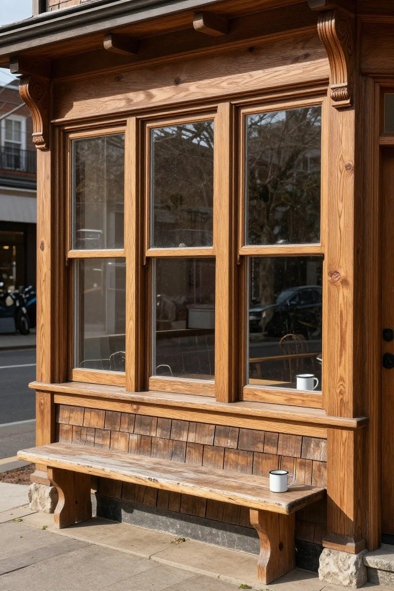 Wooden building facade with three tall multi-pane windows framed by ornate carved wooden brackets and trim, shingle siding below, a wooden bench out front, and white enamel mugs on the windowsill and bench.