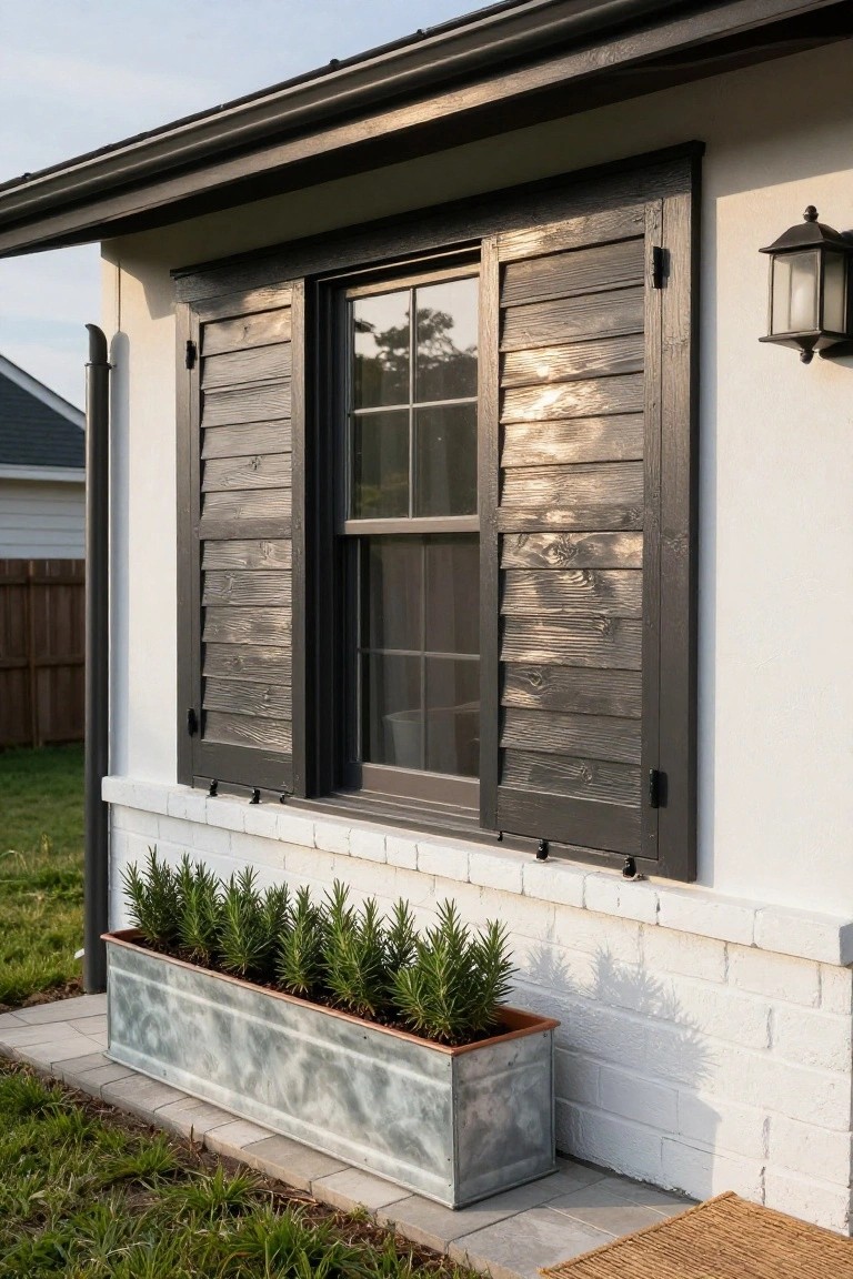 Close-up of a white house exterior featuring a double-hung window with dark stained louvered shutters, a galvanized metal planter box filled with rosemary plants below the sill, black lantern light fixture to the right, and brick base.