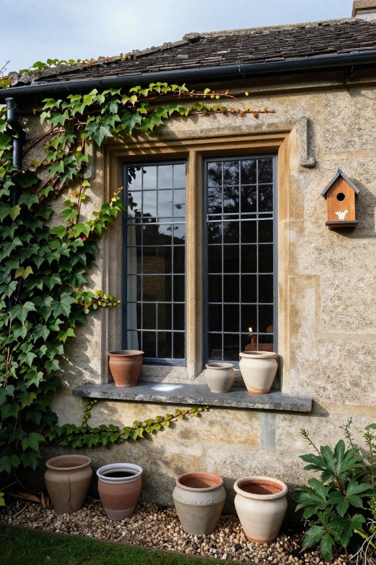 Stone exterior wall of a house with ivy climbing around a tall grid-pane window, terracotta pots on the stone sill and clustered on the ground below, a wooden birdhouse mounted above the window.