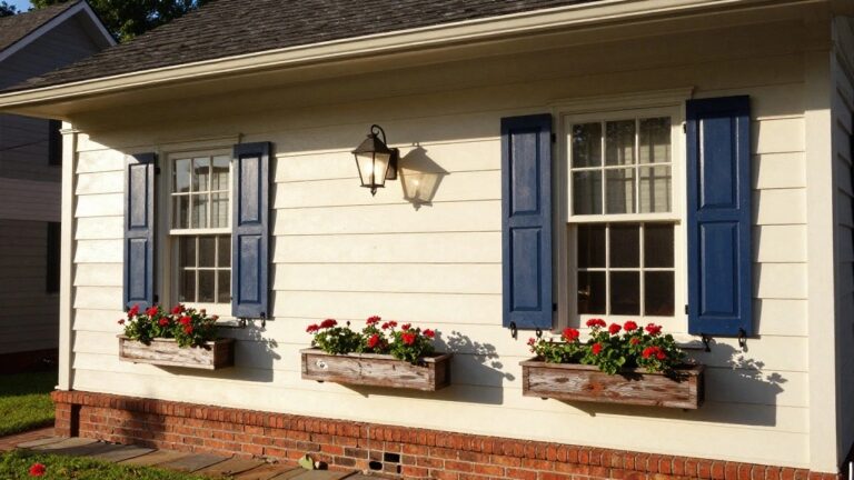 Pale yellow clapboard house exterior with navy blue louvered shutters framing a double window, wooden planter box with red geraniums below, lantern light mounted on wall, brick foundation and stone walkway.