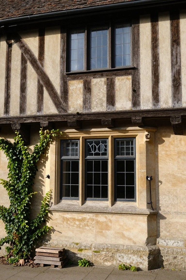 Half-timbered house facade with dark wooden beams on beige plaster walls, featuring upper double windows and a lower three-part mullioned window in a stone surround, ivy climbing left side, and stacked wooden planks on pavement below.