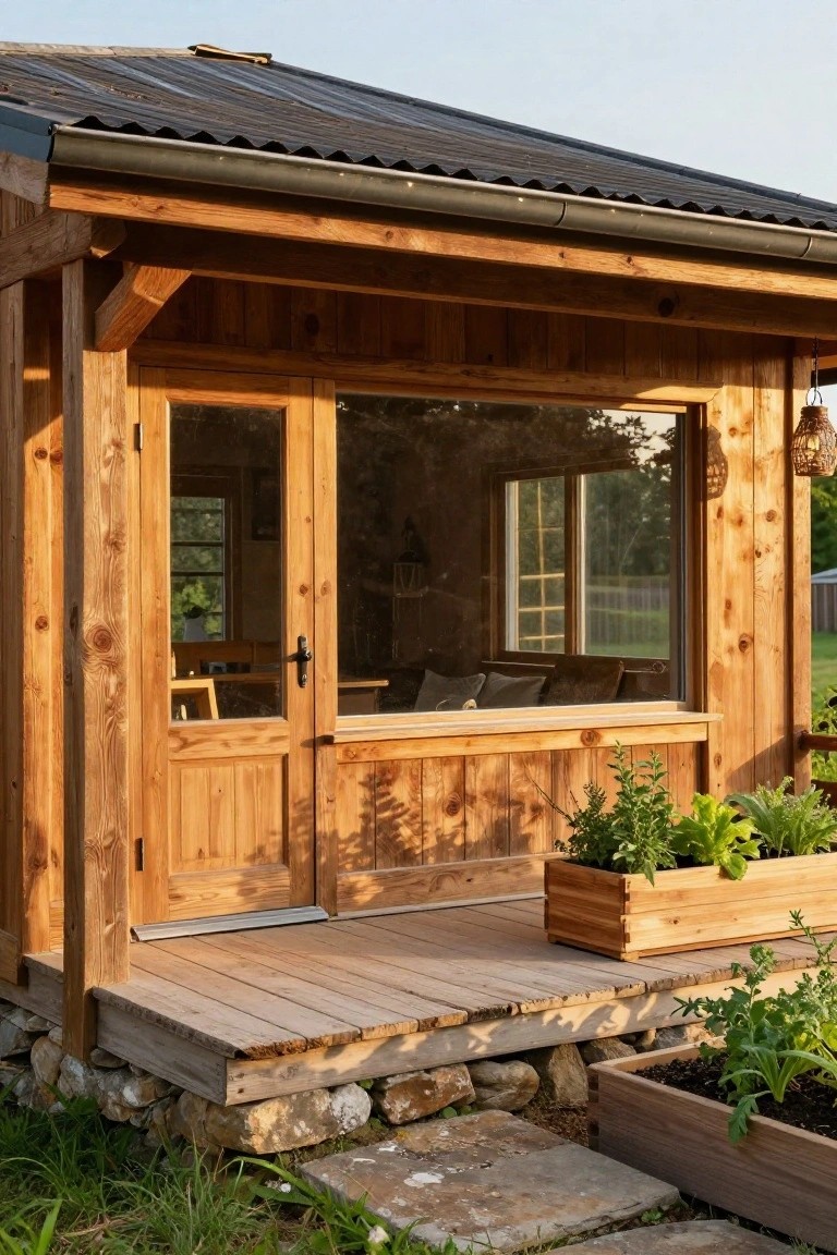 Wooden cabin exterior with large glass-paneled door and windows framed in natural wood trim, wooden porch deck, planter boxes with herbs, stone foundation, and surrounding greenery.