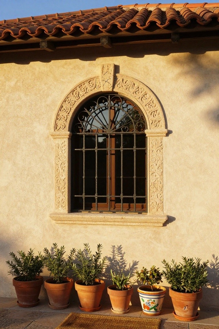 Beige stucco wall with an arched window framed in ornate carved stone and wrought iron bars, terracotta pots of olive trees and herbs lined up below on a stone patio.