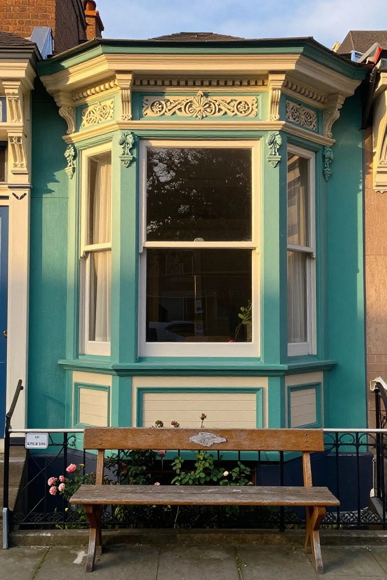 Teal Victorian terraced house featuring a prominent bay window with ornate cream trim, wooden bench with pink roses in front, and black wrought-iron railing on a paved sidewalk.