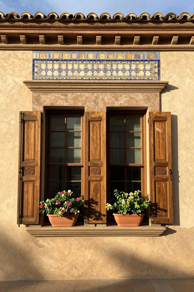 Beige stucco house wall with a three-panel wooden window framed by open carved wooden shutters, terracotta pots of pink and white flowers on the sill, and blue-and-yellow tile accents above the window.