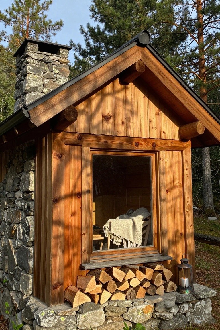 Small wooden cabin with stone base and chimney, large window framed by thick logs, stacked firewood beside it, lantern on the ground, surrounded by pine trees and rocks.