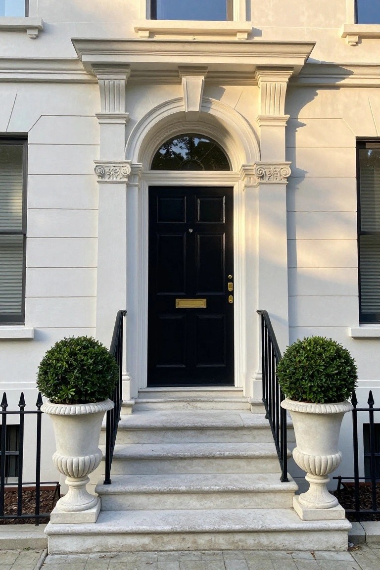 White stucco house exterior with rusticated stone blocks, black paneled front door under a classical arched window and pediment, flanked by stone urns containing clipped boxwood shrubs, black iron railing on steps, and rectangular windows with blinds on either side.