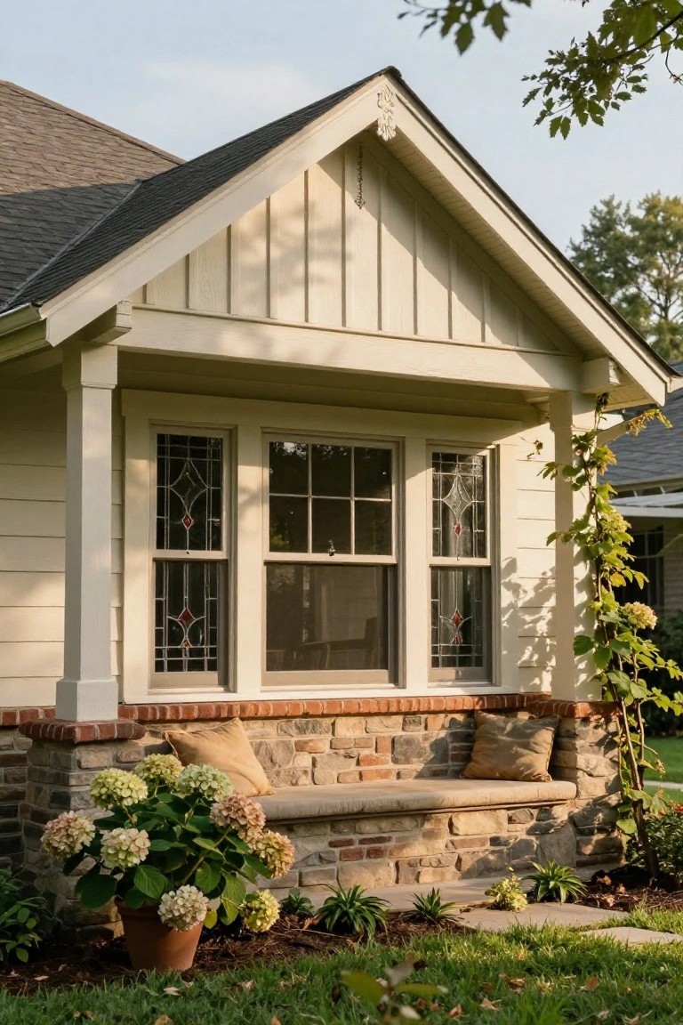Close-up view of a beige house exterior porch with columns, a triple window featuring stained glass sidelights with diamond patterns and red accents, a brick and stone base with bench cushions, potted hydrangeas, and climbing vines.