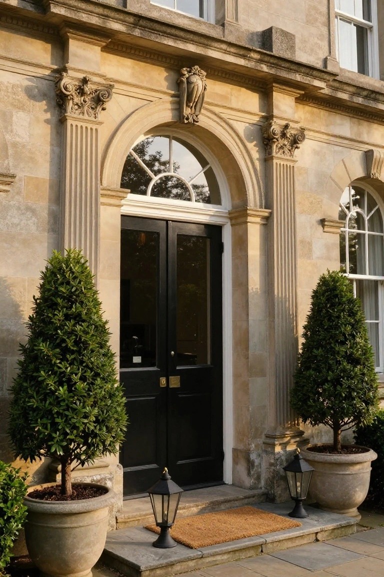 Bath stone house facade with paired Ionic pilasters, arched fanlight window above black double doors, stone steps, lanterns, doormat, and potted topiary trees.