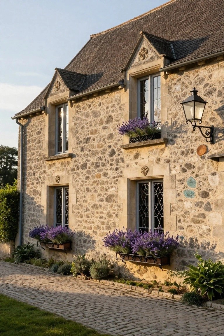Side view of a beige stone house facade with slate roof, multiple windows featuring metal grilles and lintels, flower boxes overflowing with purple lavender, a wall-mounted lantern, ground plants, and a cobblestone path beside green lawn.
