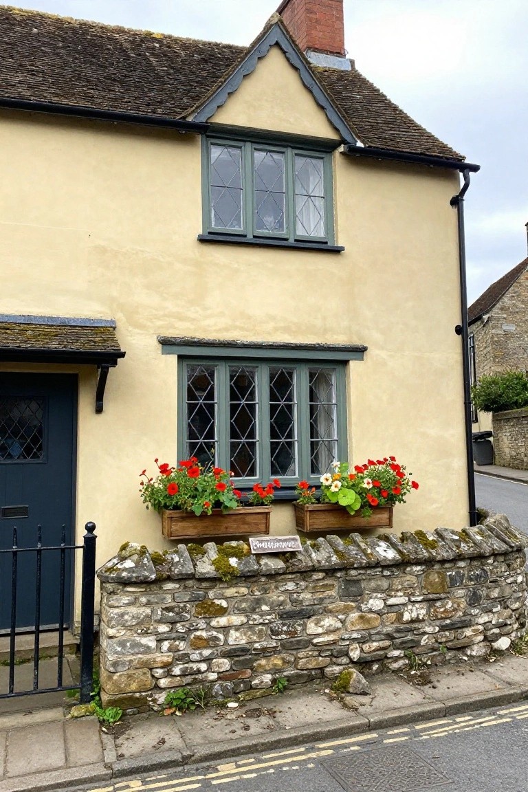Cream stucco cottage house with green leaded-pane windows, wooden flower boxes filled with red and white geraniums, dark front door, and mossy stone wall along a paved street.